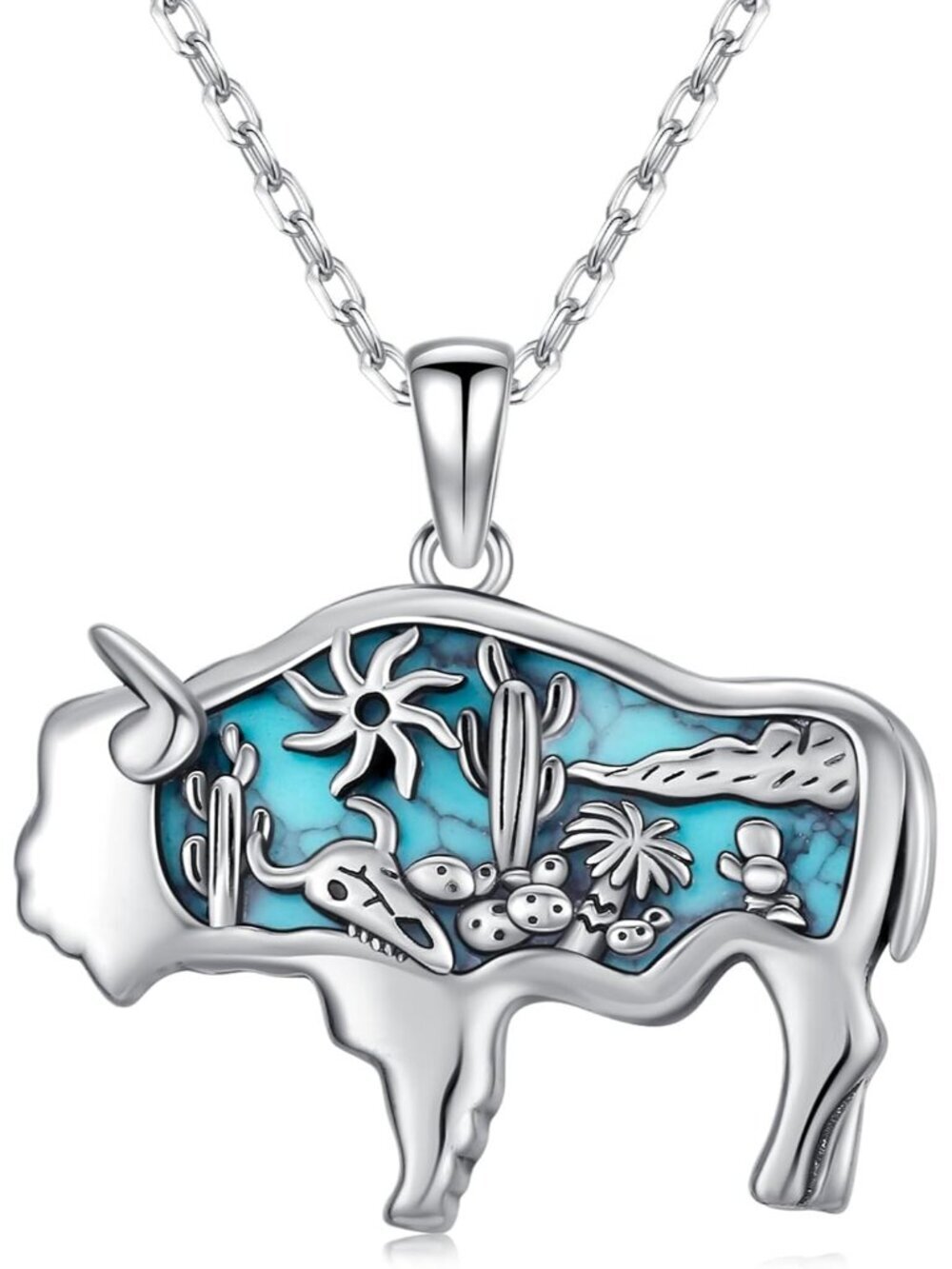 Women's Highland Cow Sterling Turquoise Pendant Highland Cow Skull Necklace